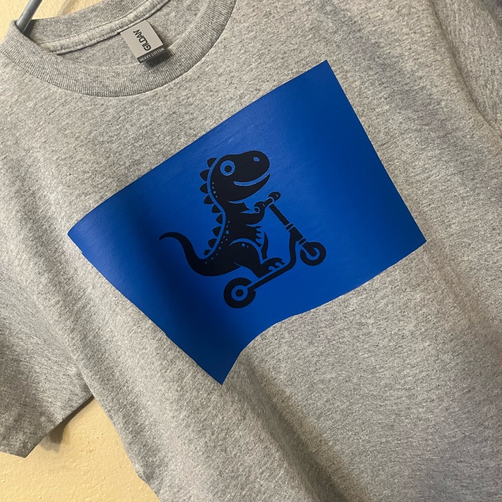 Gildan Gray Tee with Blue Dinosaur Print